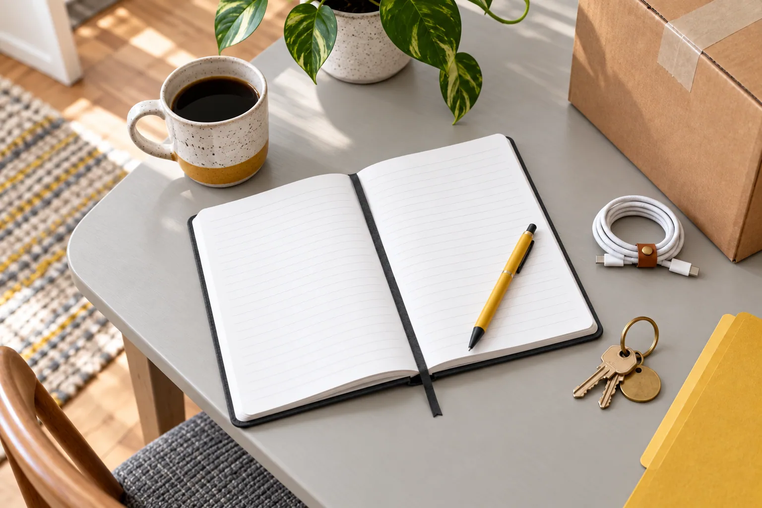Keys, a planner and an essentials folder keep an apartment move organized in one place.