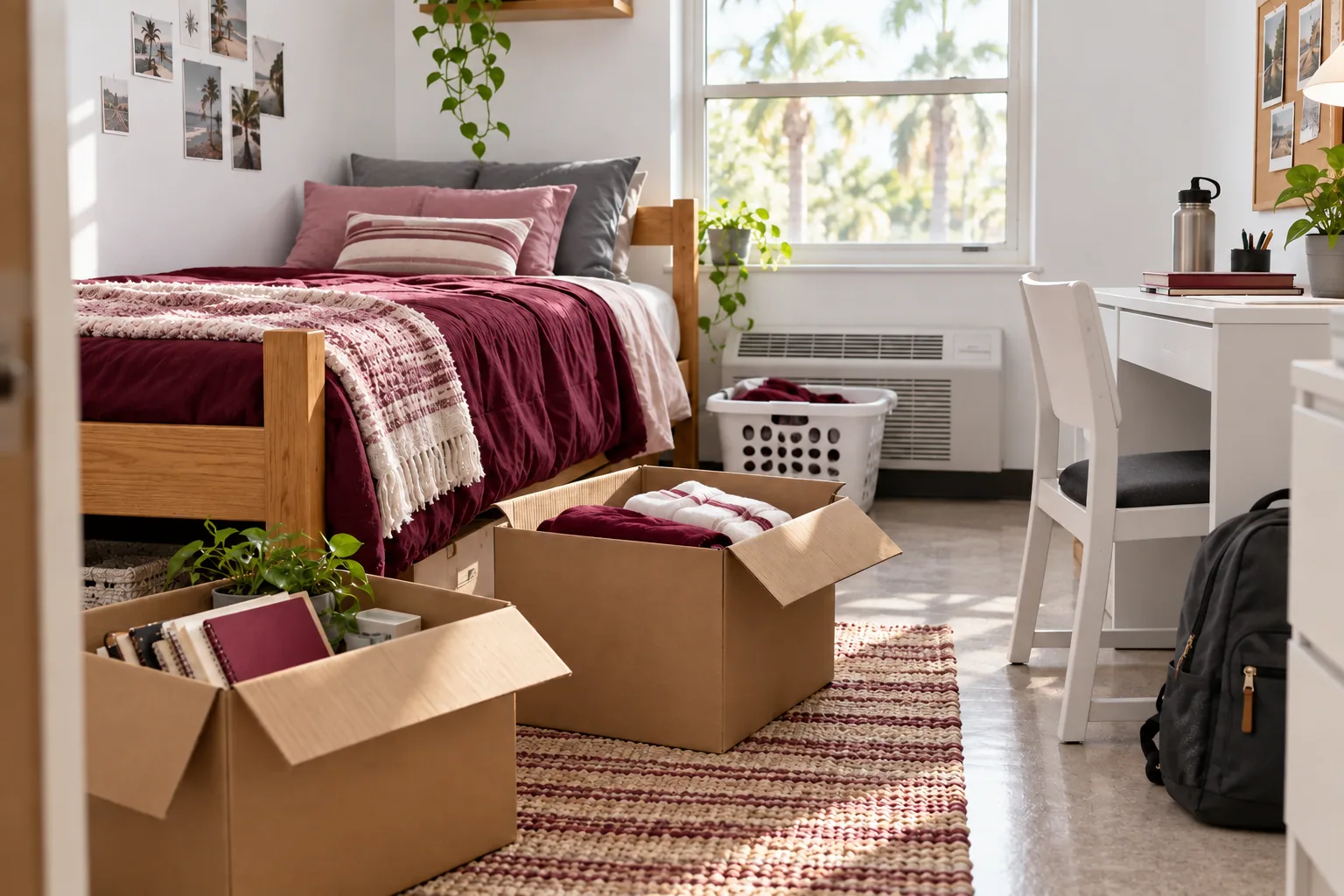 A compact dorm setup leaves room for studying, sleeping and the essentials brought from home.