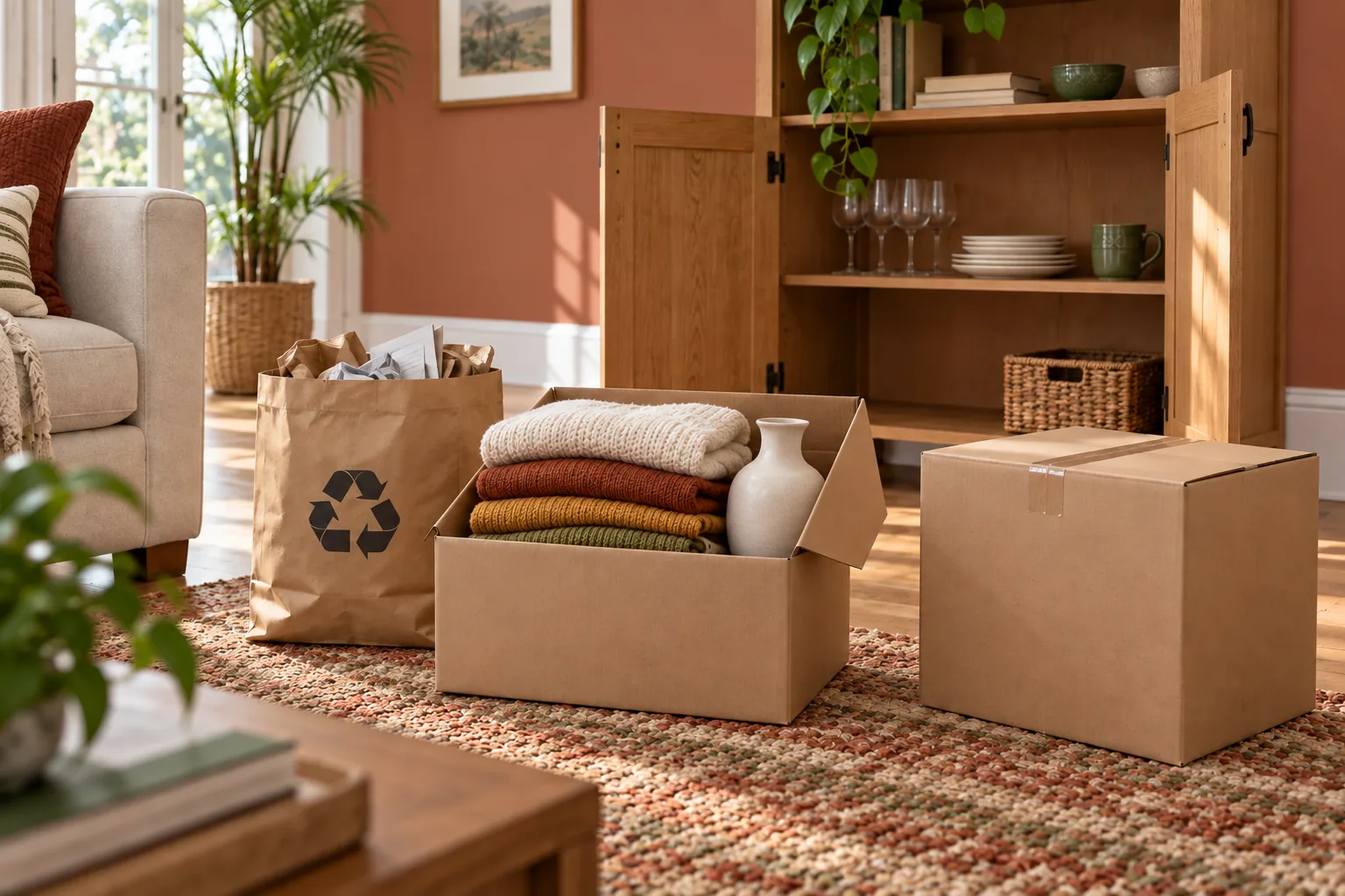 A few thoughtful keep-and-donate piles make room before packing begins.