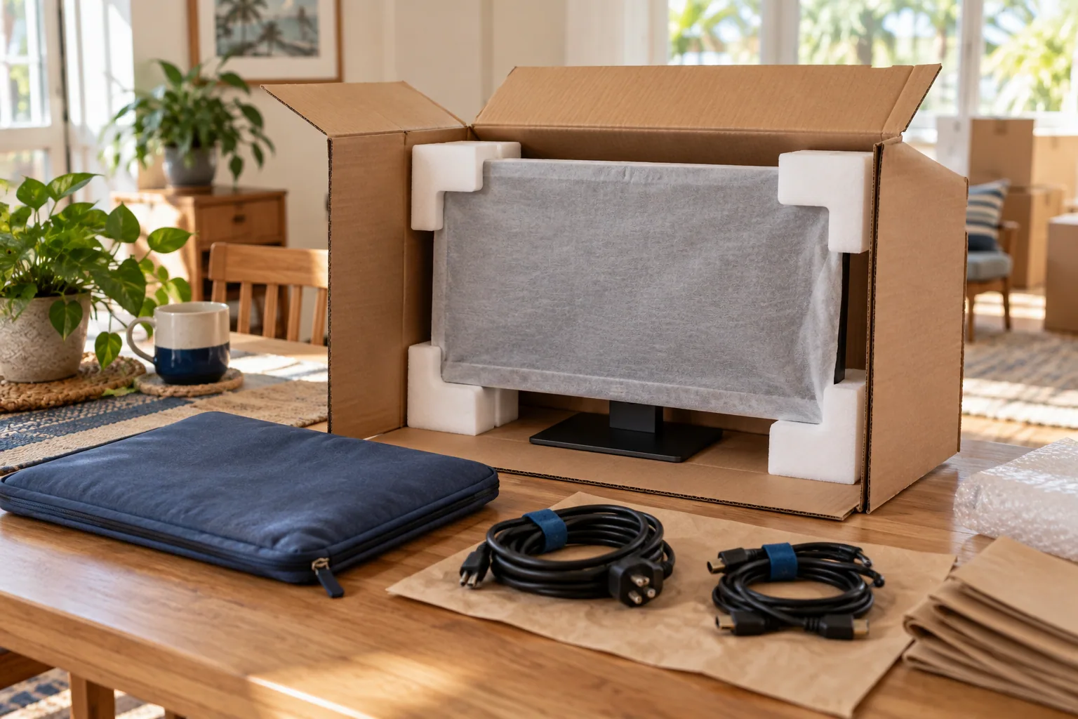 Protective corners, a screen sleeve and separately bundled cables keep electronics organized for the move.