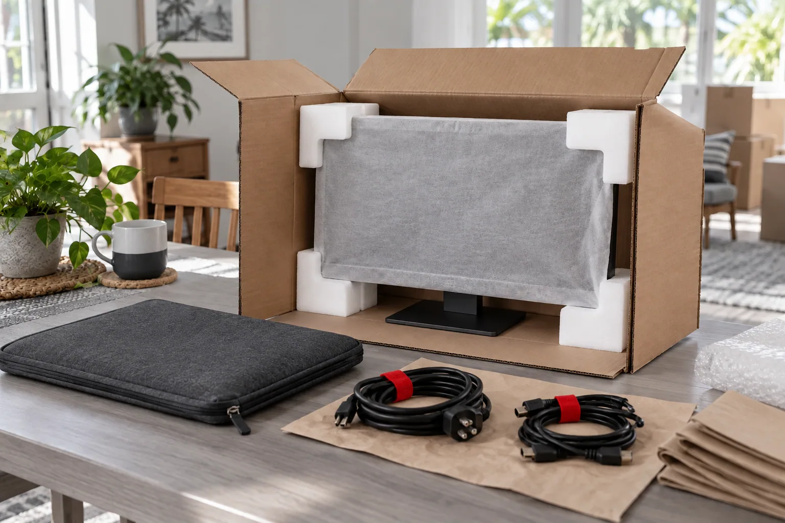 Protective corners, a screen sleeve and separately bundled cables keep electronics organized for the move.