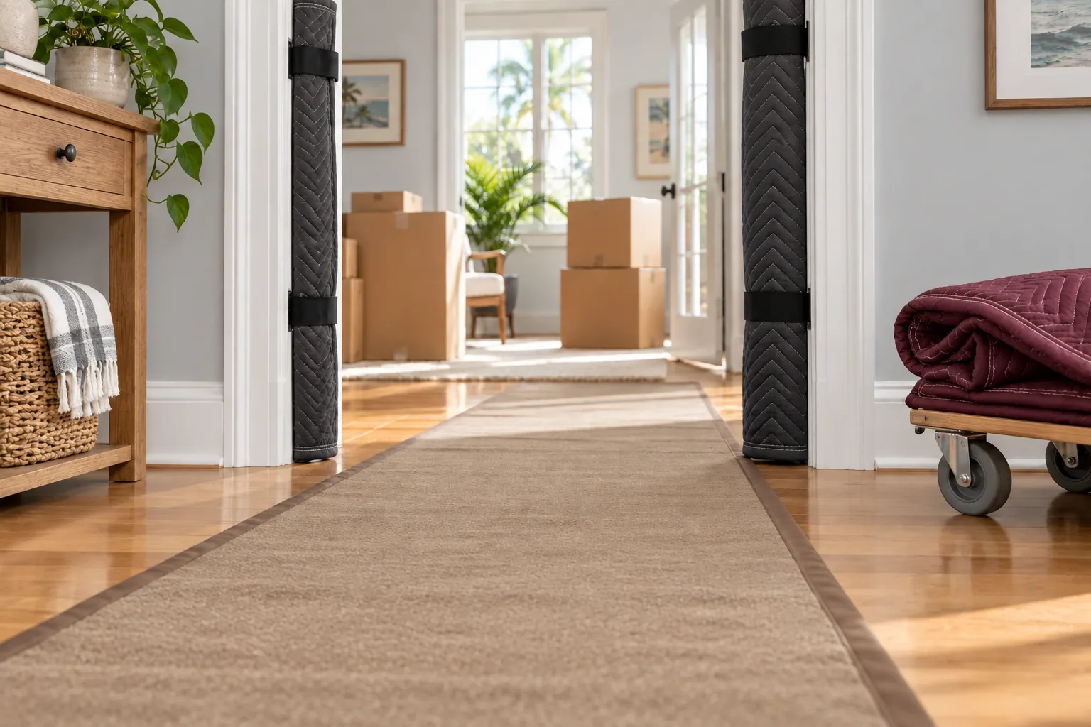 A flat floor runner and padded doorway protect the route before furniture starts moving.