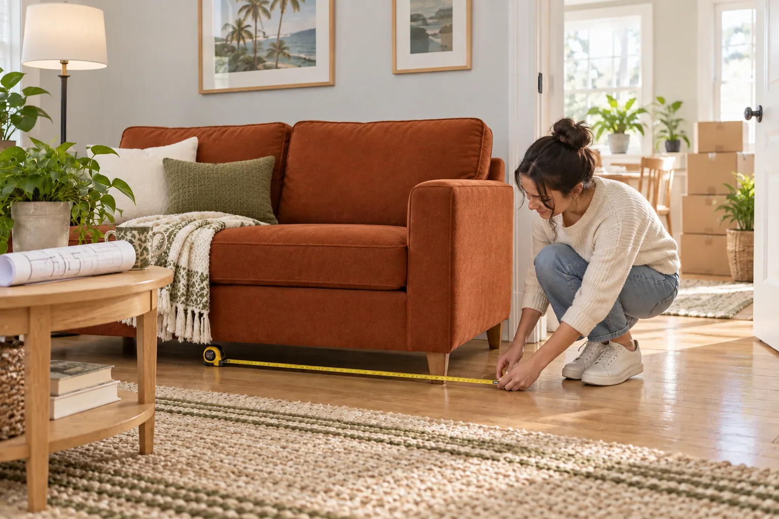 Measuring the furniture first helps a smaller living room feel open rather than crowded.
