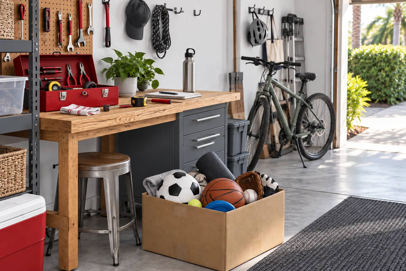 Sorted tools, a donation box and a clear garage path make packing the bulky odds and ends easier.