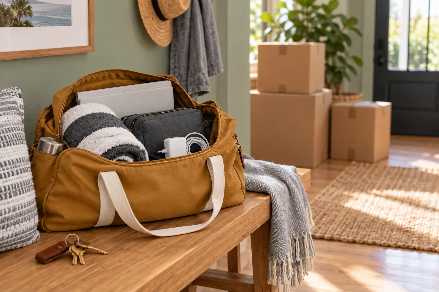 An essentials tote keeps keys, documents and first-night basics out of the main moving load.