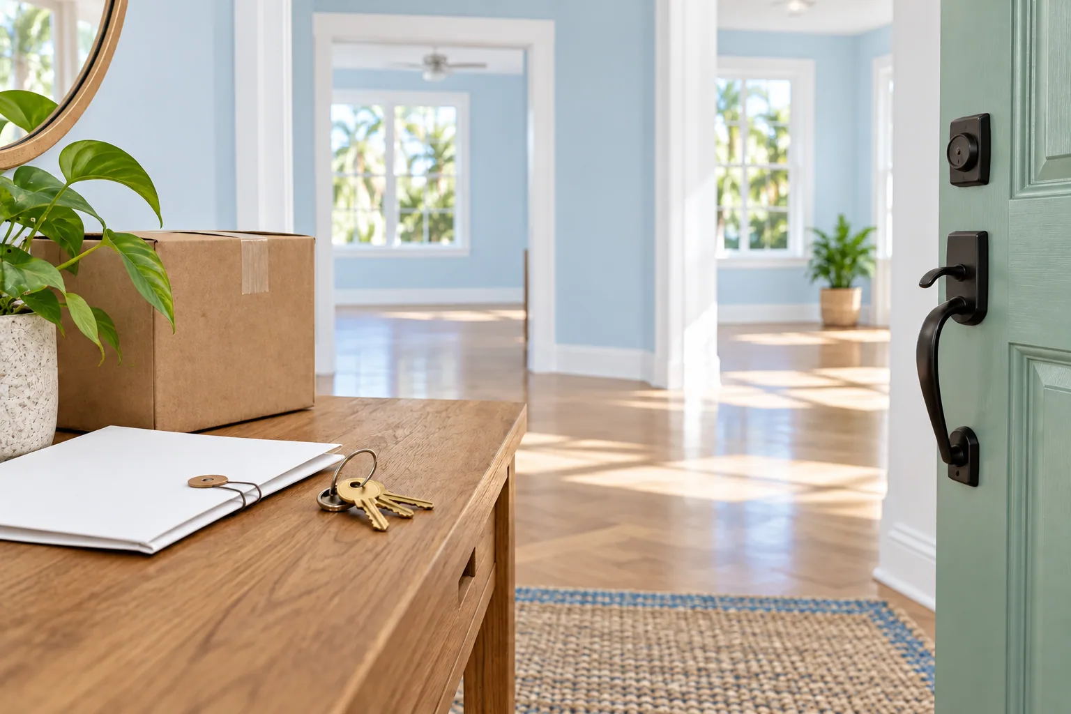 New house keys and a packed essentials box mark the handoff between closing and moving in.