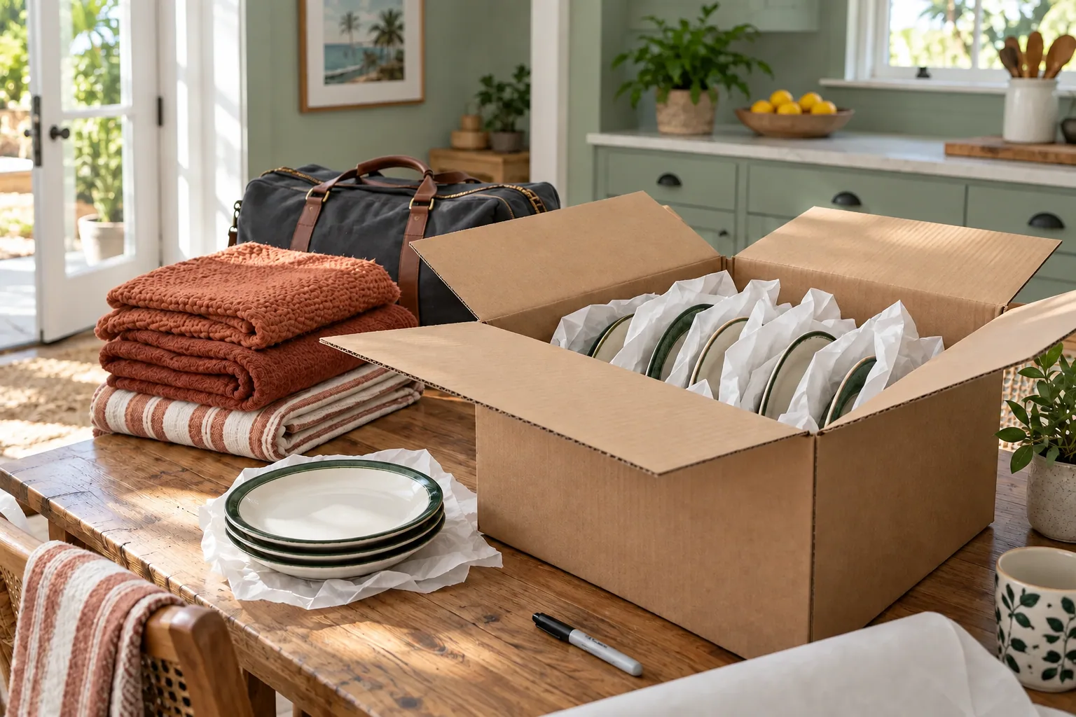 Wrapped dishes and off-season linens can be packed while everyday essentials stay within reach.