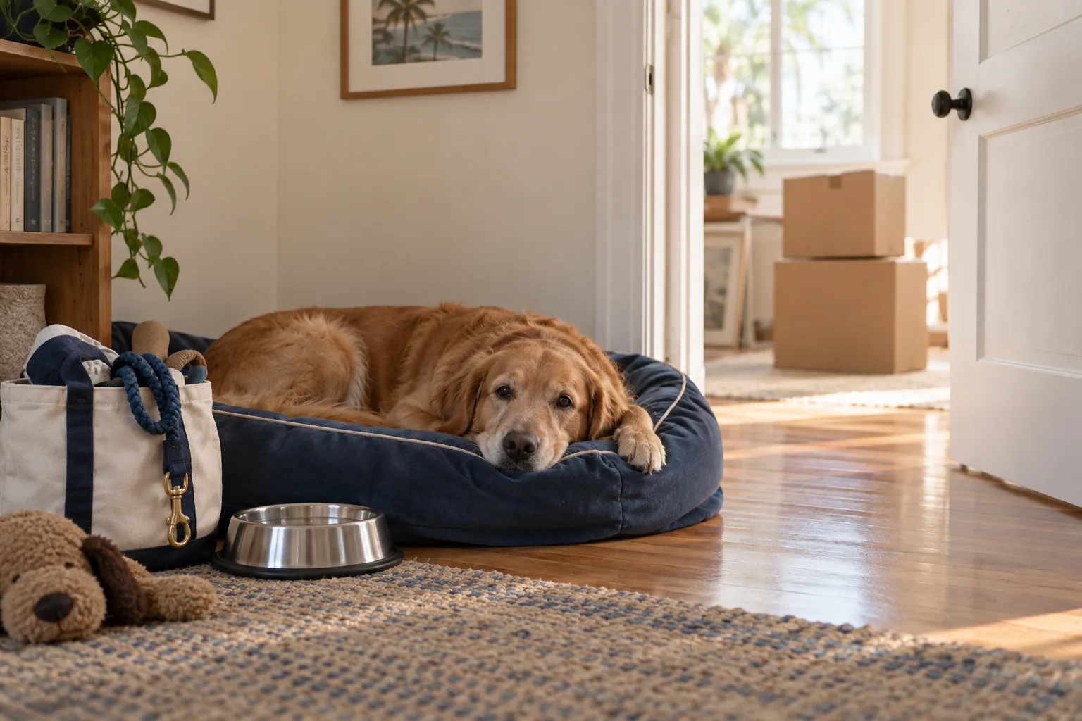 A familiar bed, water bowl and leash give a dog a calm corner while the rest of the home is packed.