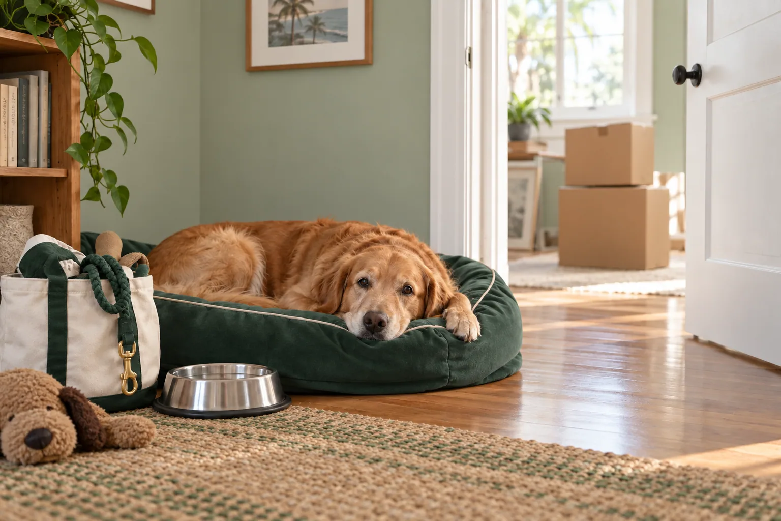 A familiar bed, water bowl and leash give a dog a calm corner while the rest of the home is packed.