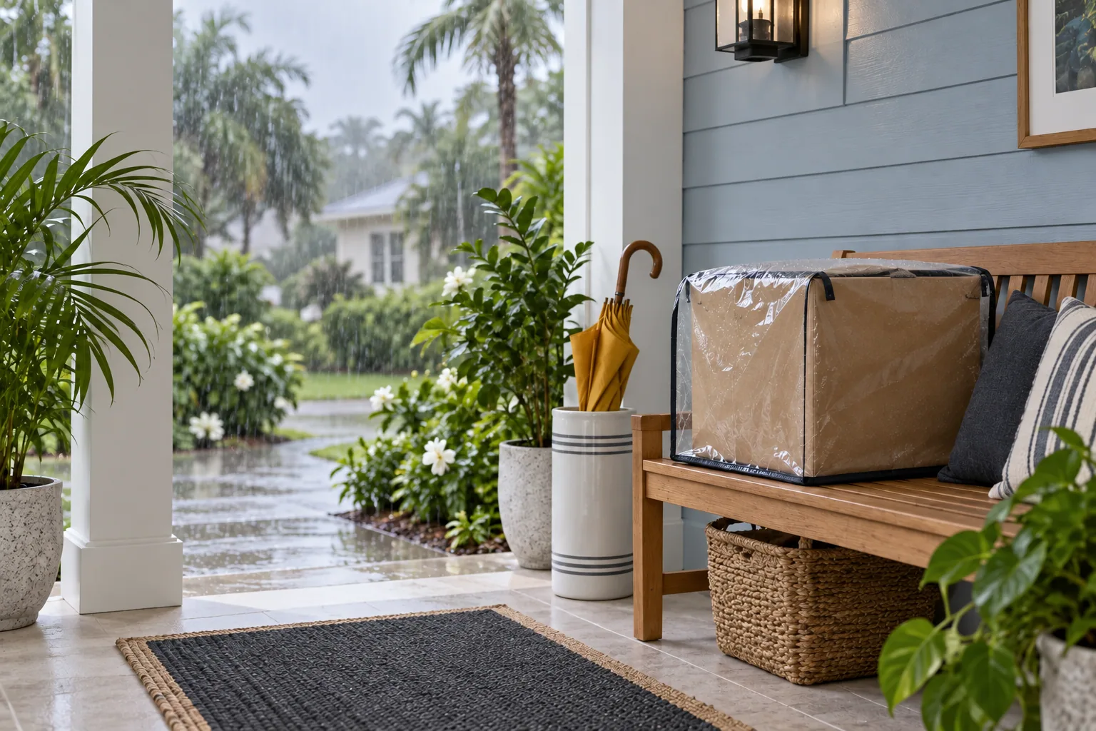 A sheltered staging spot and a clear, dry entrance help prepare for a rainy moving day.