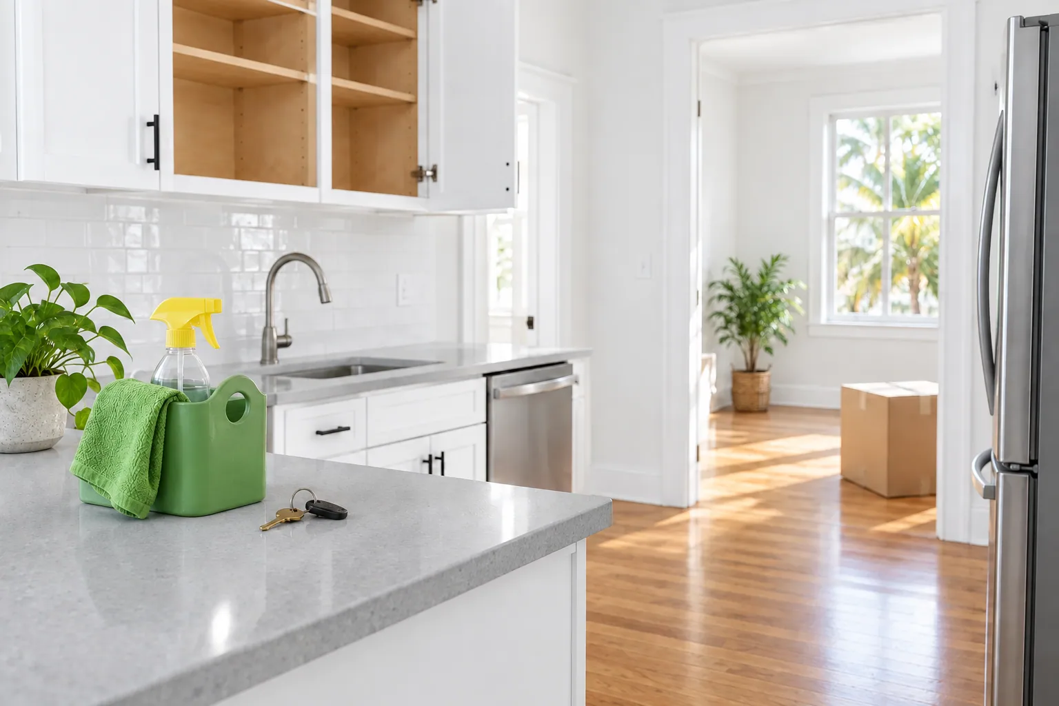 A cleared kitchen, cleaning caddy and returned keys signal the final steps of a rental move-out.