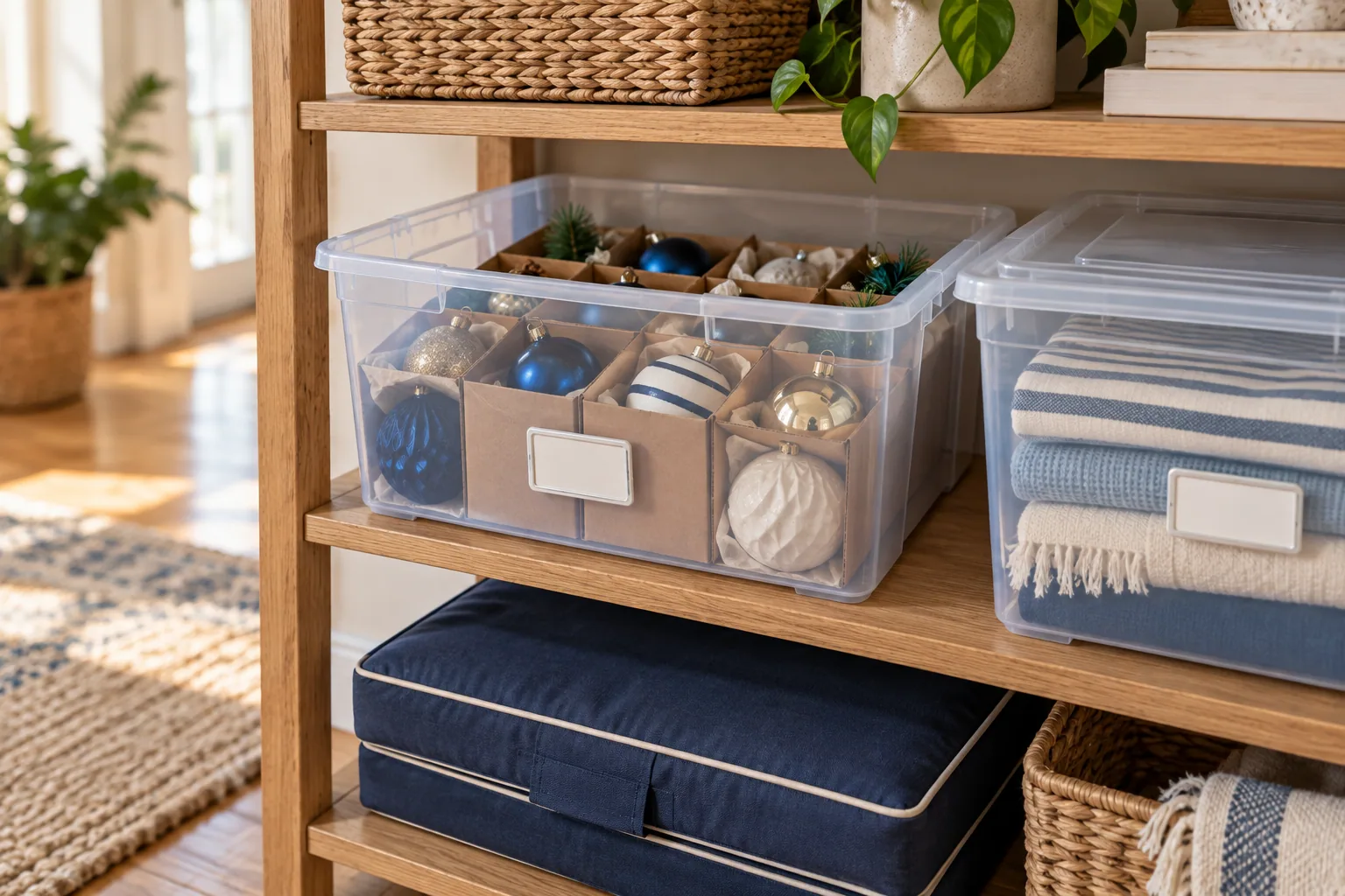 Seasonal ornaments and linens stay separated and easy to find on a tidy storage shelf.