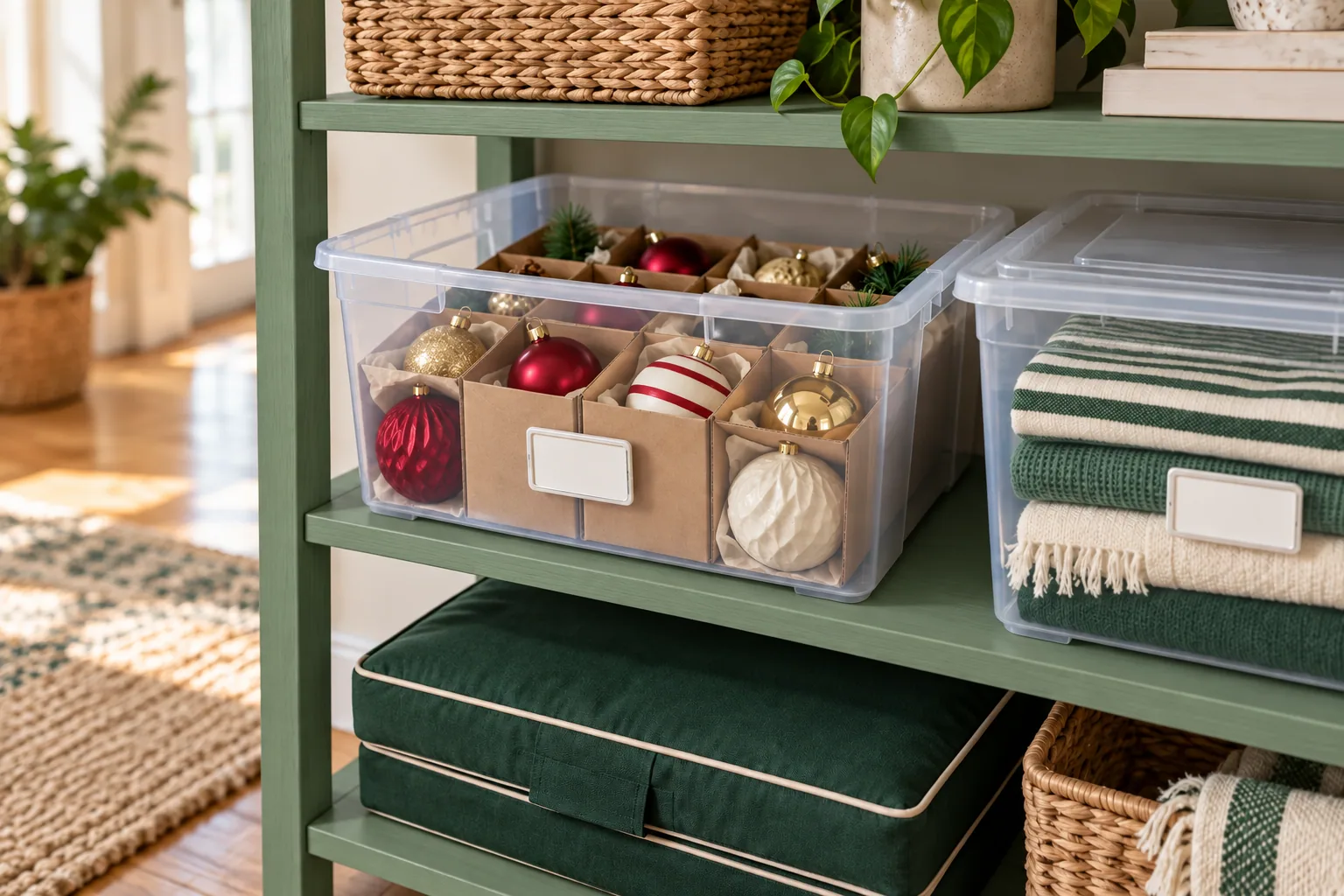 Seasonal ornaments and linens stay separated and easy to find on a tidy storage shelf.