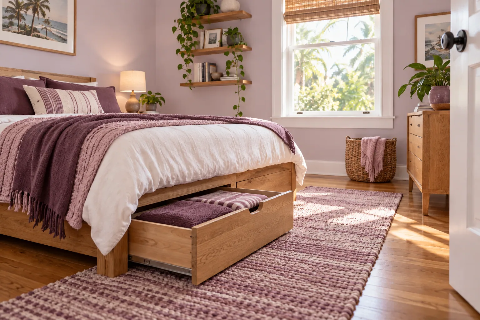Under-bed drawers and slim wall shelves keep a small bedroom useful without filling the walkway.