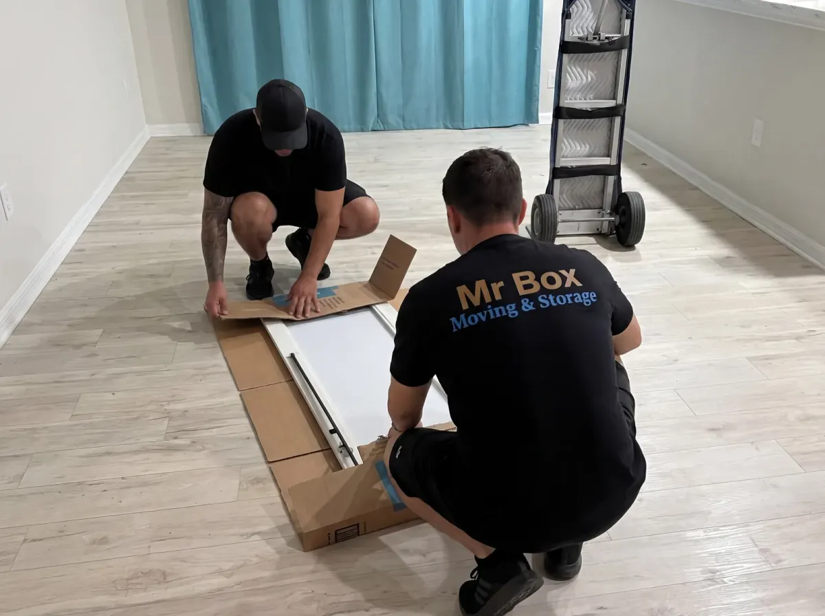Two movers folding cardboard around a flat furniture panel