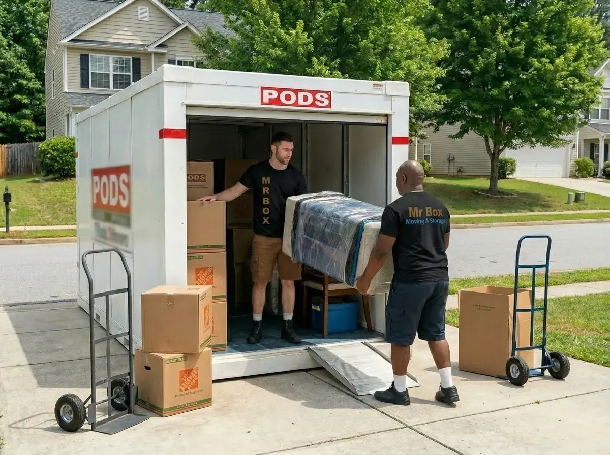 Mr. Box movers unloading carefully packed furniture