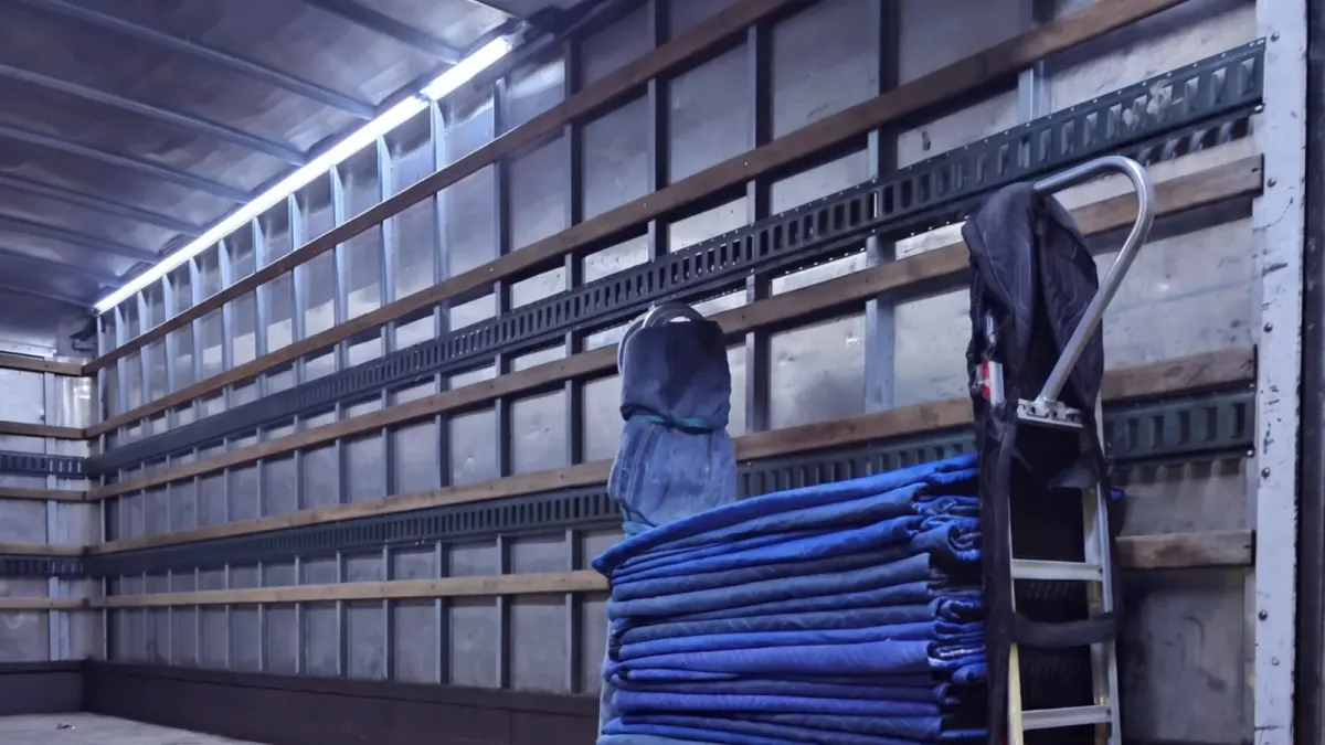 Folded moving blankets and padded dollies beneath lights inside a truck