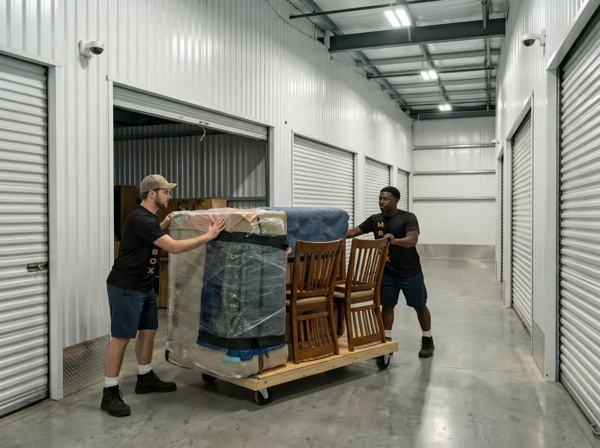 Movers transporting wrapped furniture into storage